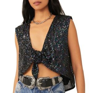 Free People Lost In Your Light Sequin Tie Front Vest Top With Shoulder Pads